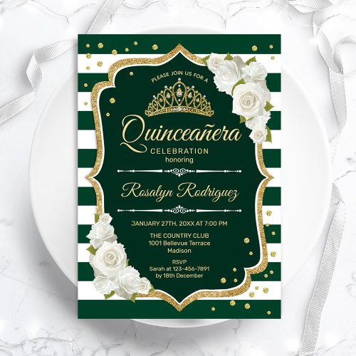 Emerald Green Gold Elegant Quinceanera Invitation