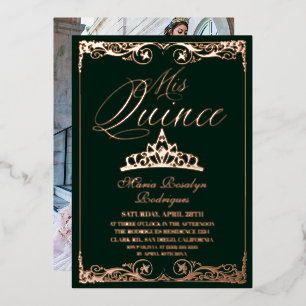 Emerald Green Gold Elegant Quinceanera Photo Foil Invitation