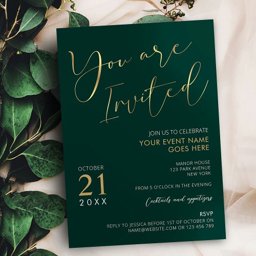 Emerald Green  Gold Elegant Script Company Event Invitation