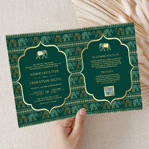 Emerald Green Gold Elephant Indian Wedding Invitation