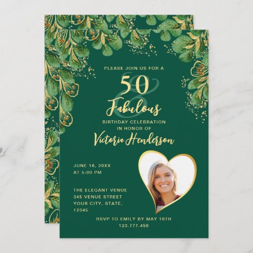 Emerald Green  Gold Eucalyptus 50th Birthday Invitation
