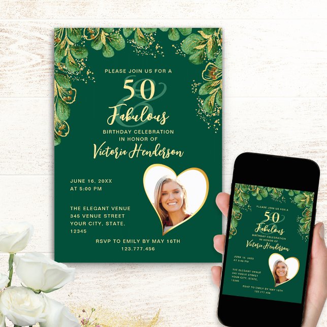 Emerald Green & Gold Eucalyptus 50th Birthday Invitation (Custom Birthday Invitation with Emerald Green Design)