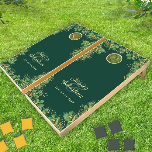 Emerald Green  Gold Eucalyptus Elegant Wedding Cornhole Set