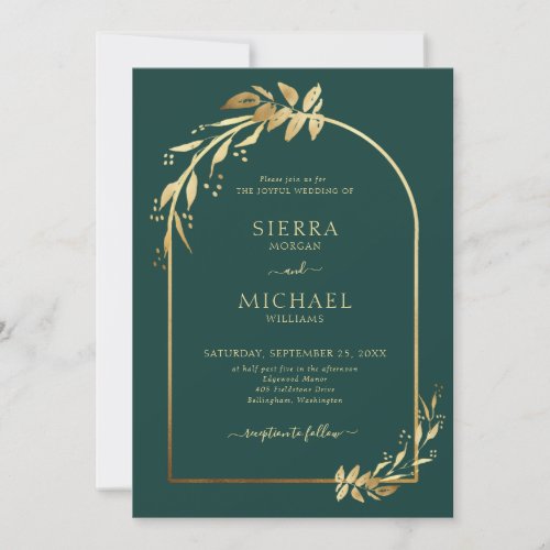 Emerald Green Gold Eucalyptus Foliage Wedding Arch Invitation