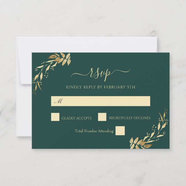 Emerald Green Gold Eucalyptus Foliage Wedding RSVP (Front)