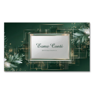 Emerald Green Gold Eucalyptus Geometric Frame Business Card Magnet