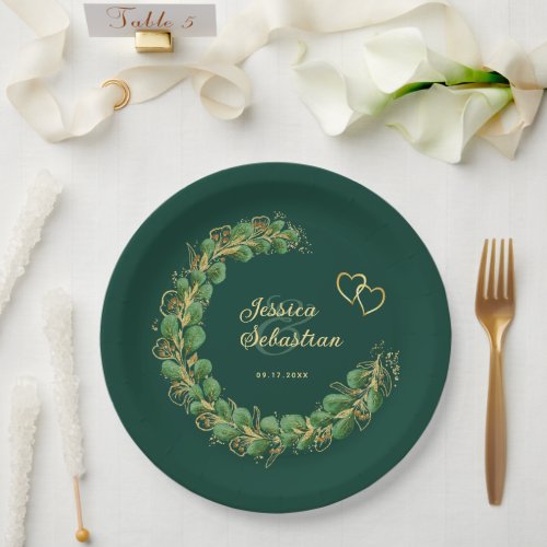 Emerald Green  Gold Eucalyptus Jewel Tone Wedding Paper Plates