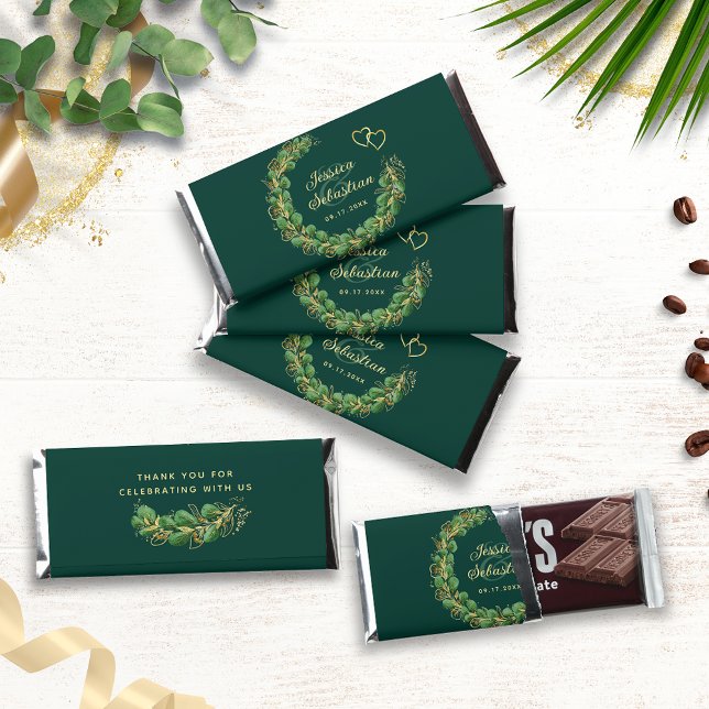 Emerald Green & Gold Eucalyptus Thank You Wedding Hershey Bar Favors (Creator Uploaded)