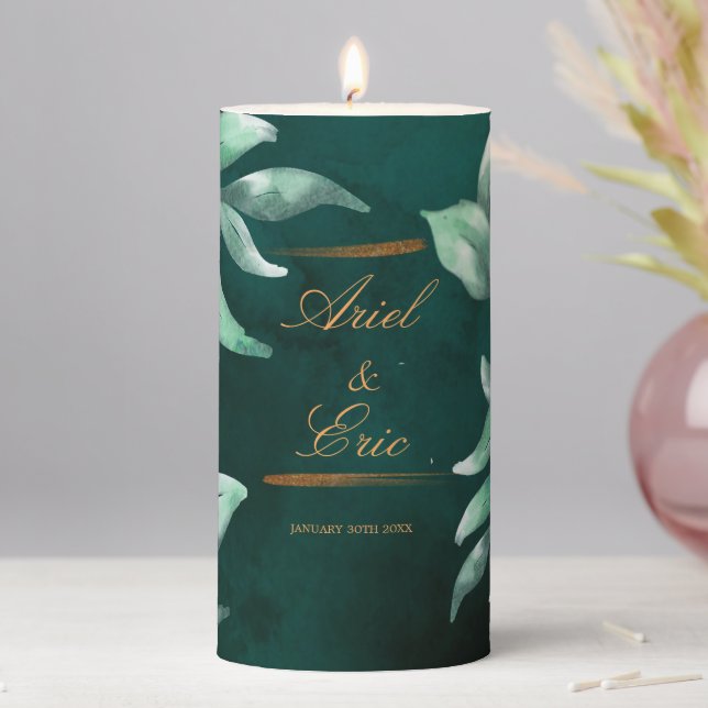 Emerald Green & Gold Eucalyptus Wedding Pillar Candle (In Situ)