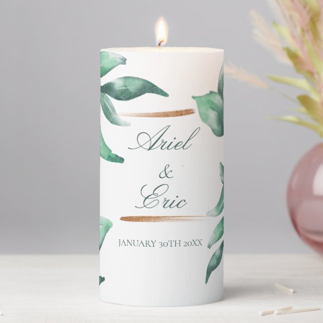 Emerald Green & Gold Eucalyptus Wedding Pillar Candle (In Situ)