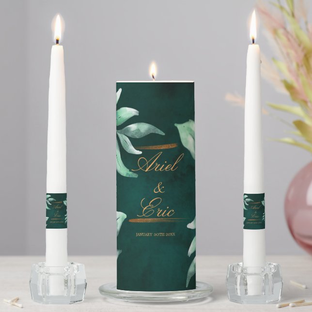 Emerald Green & Gold Eucalyptus Wedding Unity Candle Set (In Situ)