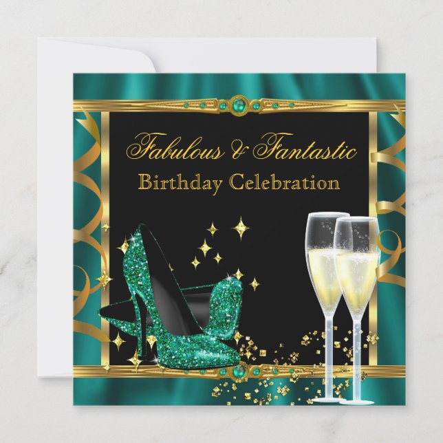 Emerald Green Gold Fabulous Heels Birthday Party 2 Invitation (Front)