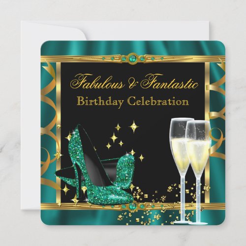Emerald Green Gold Fabulous Heels Birthday Party 2 Invitation