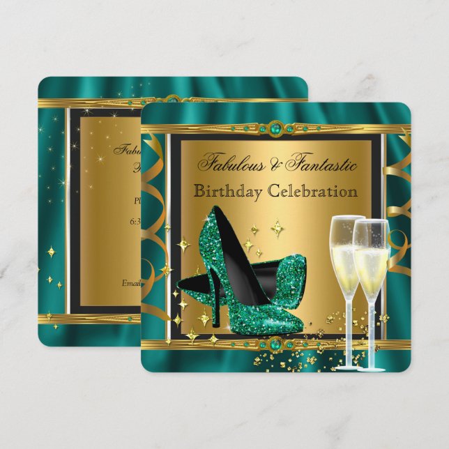 Emerald Green Gold Fabulous Heels Birthday Party 3 Invitation (Front/Back)