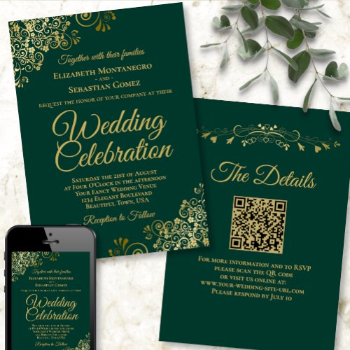Emerald Green & Gold Fancy Elegant QR Code Wedding Invitation