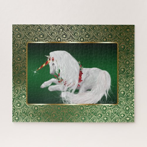 Emerald Green Gold Fantasy Holiday Unicorn Jigsaw Puzzle