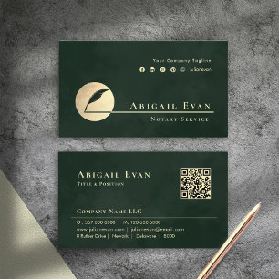 Emerald Green Gold Feather Logo Notary Service Business Card