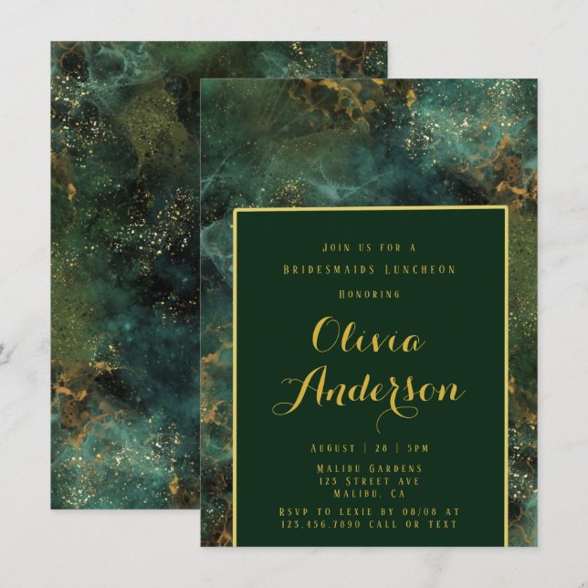  Emerald Green & Gold Fleck Bridesmaids Luncheon Invitation (Front/Back)