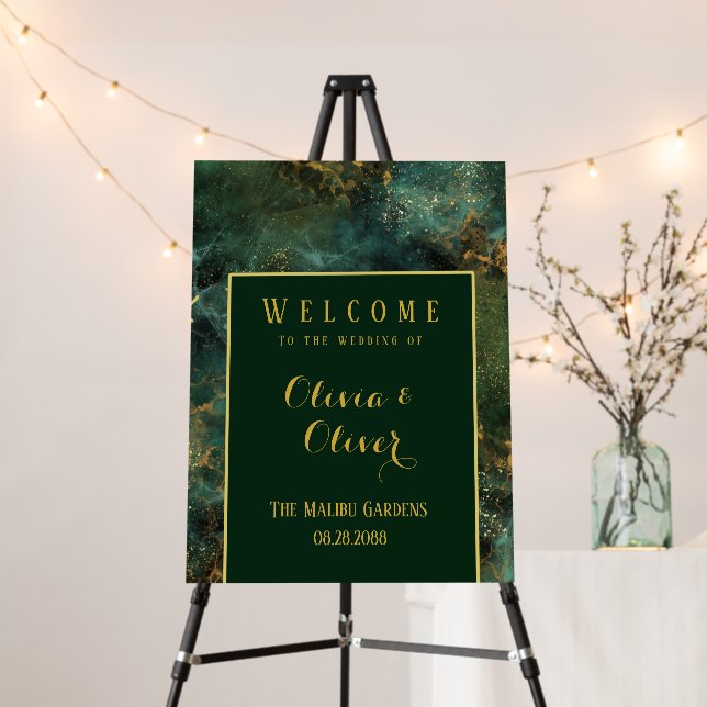  Emerald Green & Gold Flecks Wedding Welcome Sign (In Situ (Stand))