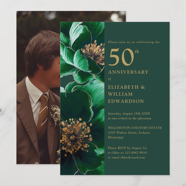 Emerald Green Gold Floral 50th Anniversary Photo Invitation (Front/Back)