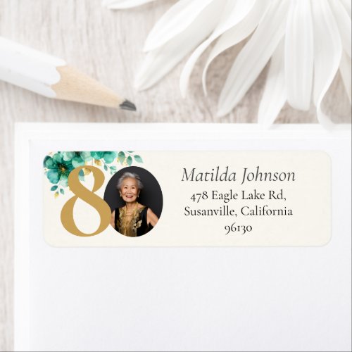 Emerald Green Gold Floral 80th Birthday Address Label
