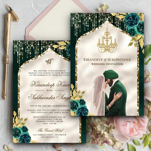 Emerald Green Gold Floral Anand Karaj Sikh Wedding Invitation