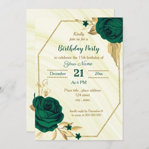 emerald green gold floral birthday party invitation