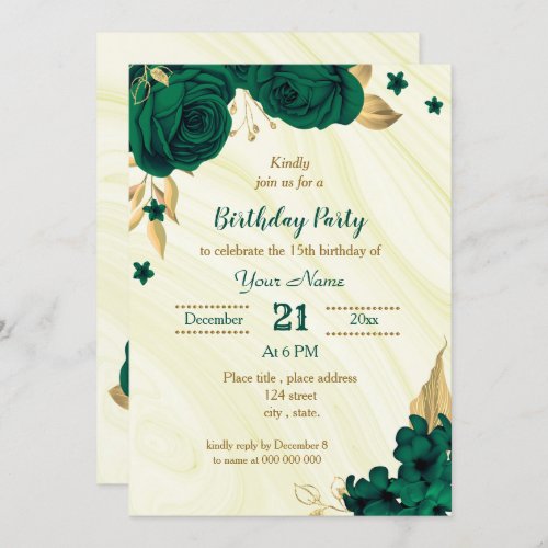 emerald green gold floral birthday party invitation