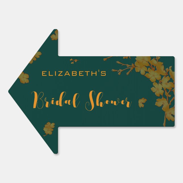 Emerald Green Gold Floral Bridal Shower Direction Sign (Front)