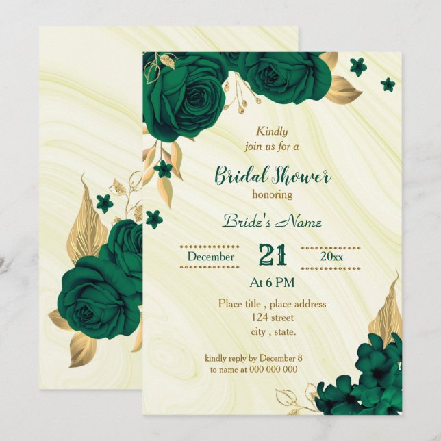 emerald green gold floral bridal shower invitation (Front/Back)