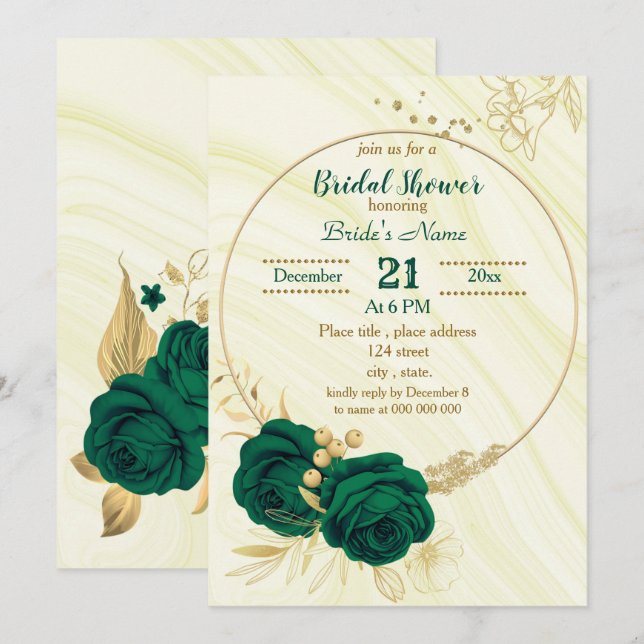 emerald green gold floral bridal shower invitation (Front/Back)