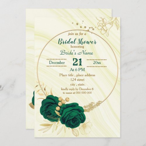 emerald green gold floral bridal shower invitation