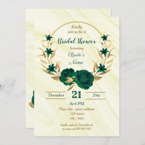 emerald green gold floral bridal shower invitation