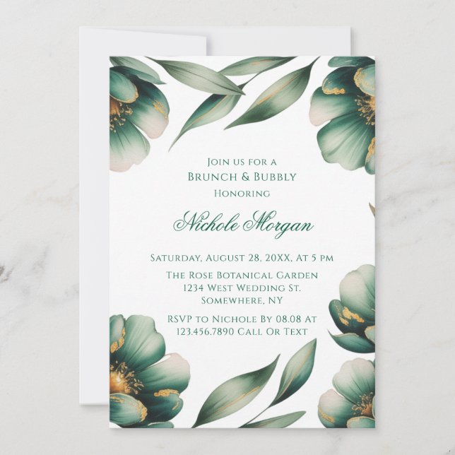 Emerald Green & Gold Floral Brunch & Bubbly Invitation (Front)