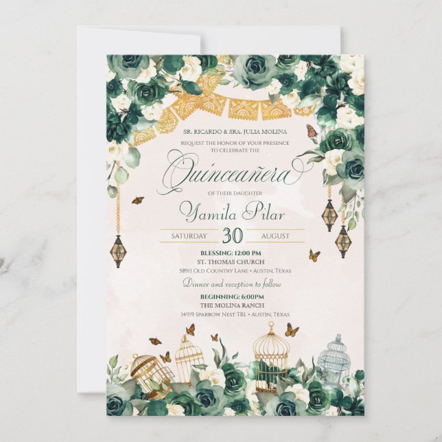 Emerald Green Gold Floral Butterflies Quinceanera  Invitation (Front)