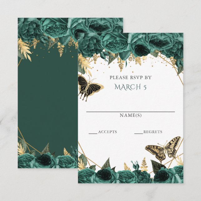 Emerald Green Gold Floral Butterflies Quinceanera RSVP Card (Front/Back)