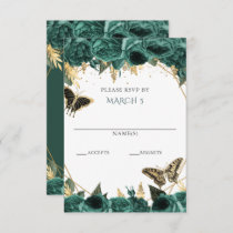 Emerald Green Gold Floral Butterflies Quinceanera RSVP Card