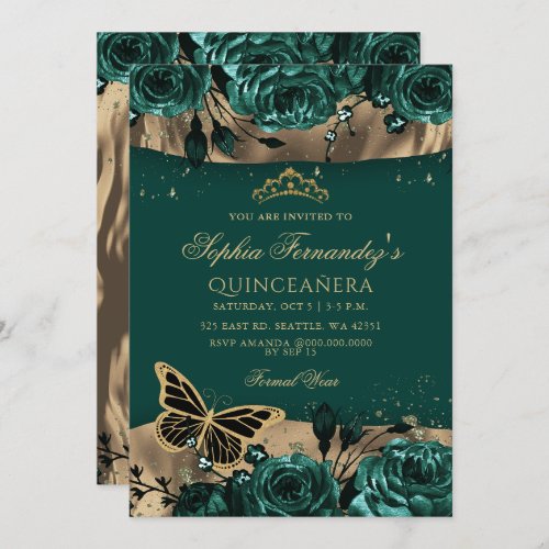 Emerald Green Gold Floral Butterfly Quinceaera  Invitation