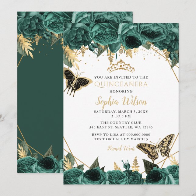 Emerald Green Gold Floral Butterfly Quinceañera  Invitation (Front/Back)