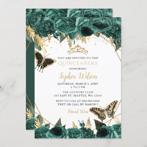 Emerald Green Gold Floral Butterfly Quinceaera  Invitation