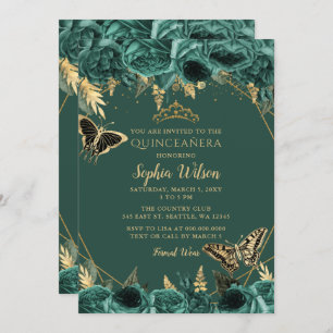 Emerald Green Gold Floral Butterfly Quinceañera  Invitation