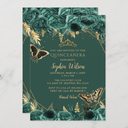 Emerald Green Gold Floral Butterfly Quinceaera  Invitation