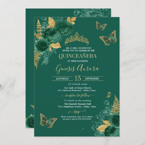 Emerald Green  Gold Floral Butterfly Quinceaera Invitation