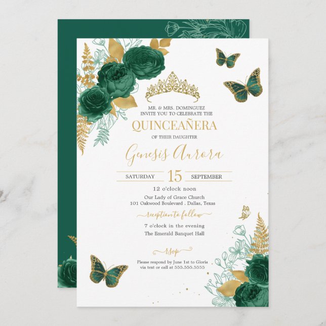 Emerald Green & Gold Floral Butterfly Quinceañera  Invitation (Front/Back)