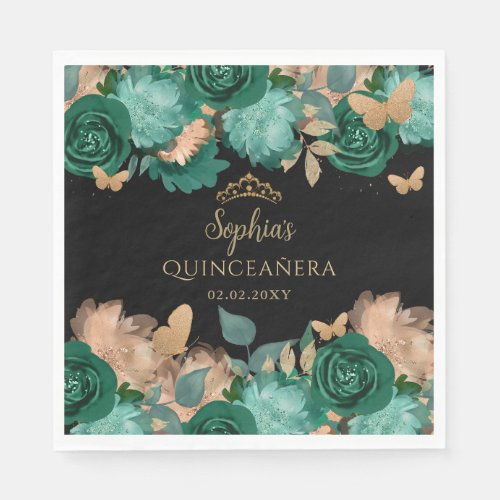 Emerald Green Gold Floral Butterfly Quinceaera  Napkins