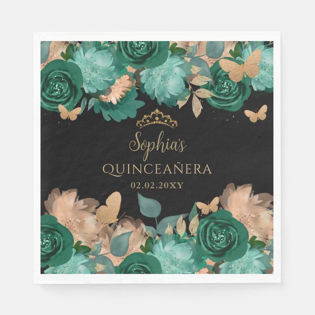Emerald Green Gold Floral Butterfly Quinceañera  Napkins (Front)