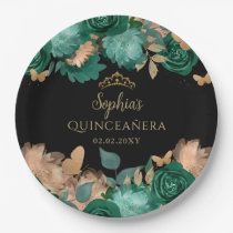 Emerald Green Gold Floral Butterfly Quinceañera  Paper Plates