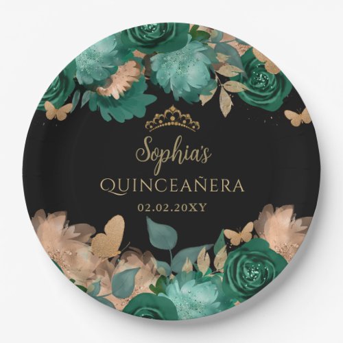 Emerald Green Gold Floral Butterfly Quinceaera  Paper Plates