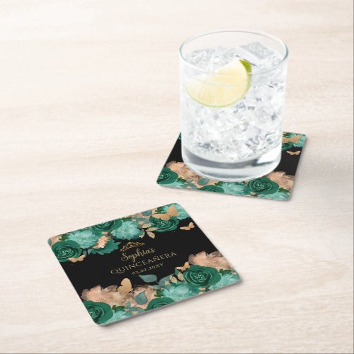 Emerald Green Gold Floral Butterfly Quinceaera  Square Paper Coaster