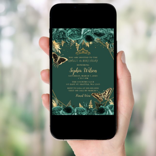 Emerald Green Gold Floral Butterfly Sweet 16 Invitation (Front Digital)